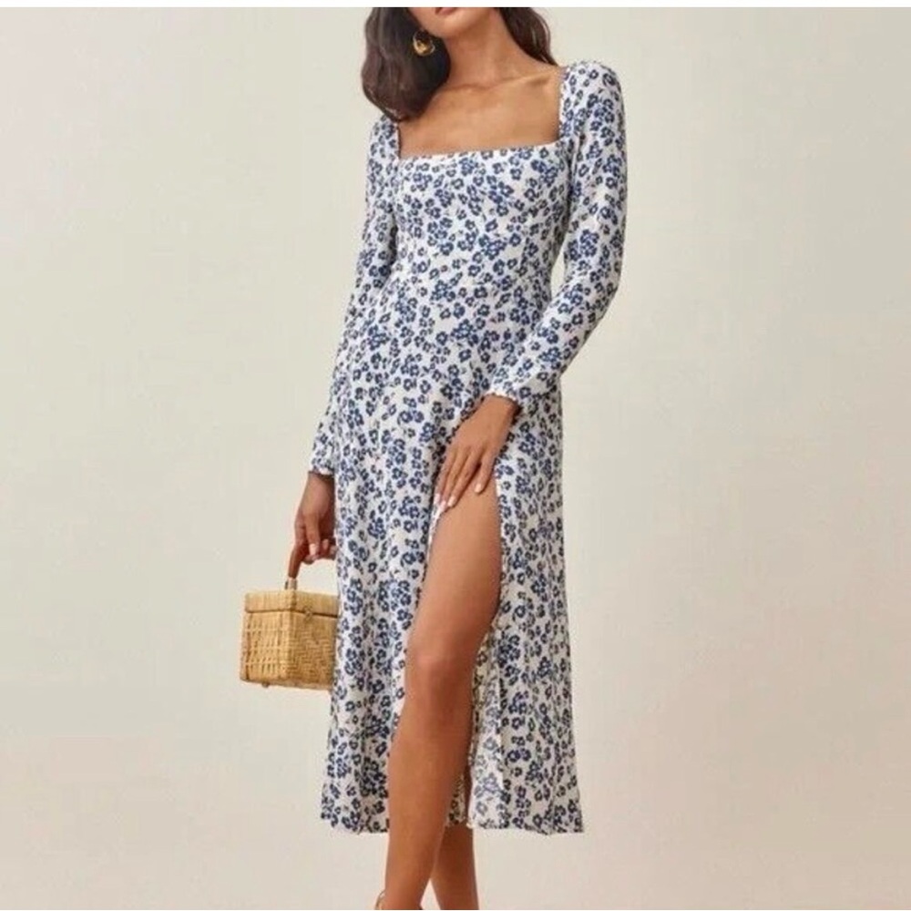 Reformation White Midi Dress with Blue Floral Print